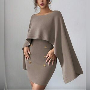 2 PIECES : Elegant Dress with Cape in Taupe